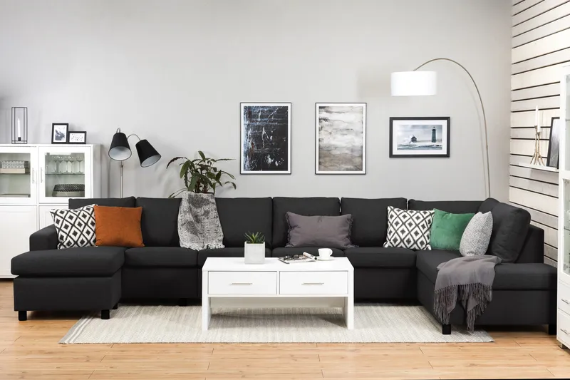 Crazy 6-sits Högervänd U-formad XX-Large Soffa med Divan och Schäslong i Tyg - Antracit - Möbler - Soffa - U-soffa