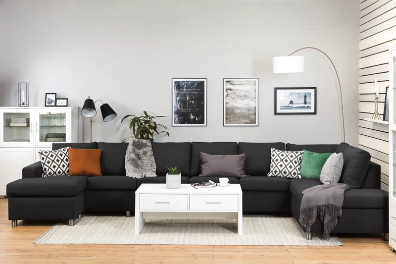 Crazy 6-sits Högervänd U-formad XX-Large Soffa med Divan och Schäslong i Tyg - Antracit - Möbler - Soffa - U-soffa