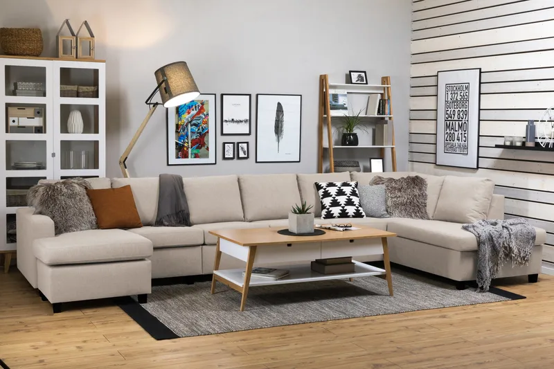 Crazy 6-sits Högervänd U-formad XX-Large Soffa med Divan och Schäslong i Tyg - Beige - Möbler - Soffa - U-soffa