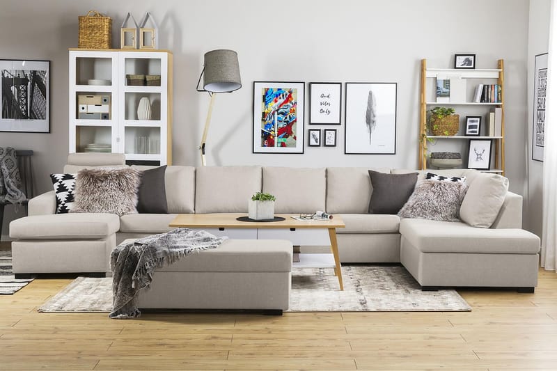 Crazy 6-sits Högervänd U-formad XX-Large Soffa med Divan och Schäslong i Tyg - Beige - Möbler - Soffa - U-soffa