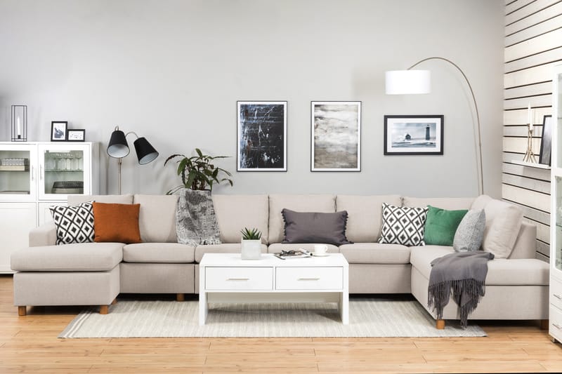 Crazy 6-sits Högervänd U-formad XX-Large Soffa med Divan och Schäslong i Tyg - Beige - Möbler - Soffa - Skinnsoffor