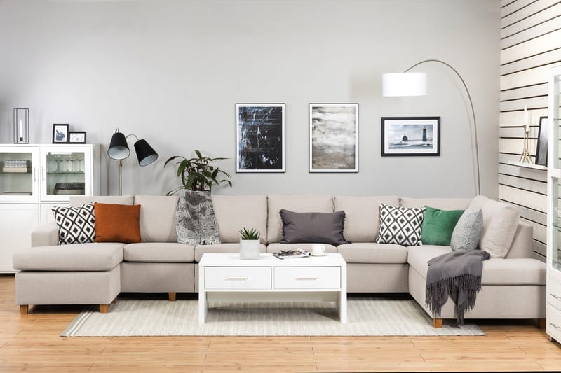 Crazy 6-sits Högervänd U-formad XX-Large Soffa med Divan och Schäslong i Tyg - Beige - Möbler - Soffa - U-soffa