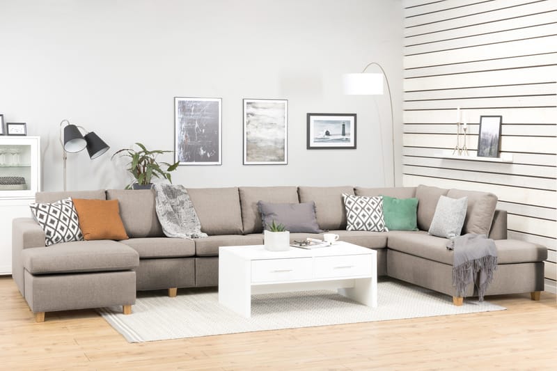 Crazy 6-sits Högervänd U-formad XX-Large Soffa med Divan och Schäslong i Tyg - Beige - Möbler - Soffa - U-soffa