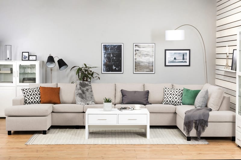 Crazy 6-sits Högervänd U-formad XX-Large Soffa med Divan och Schäslong i Tyg - Beige - Möbler - Soffa - U-soffa