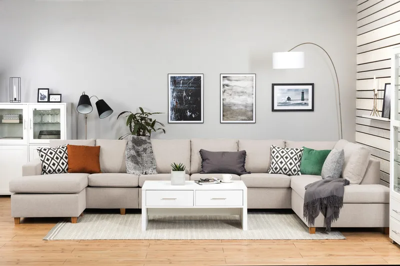 Crazy 6-sits Högervänd U-formad XX-Large Soffa med Divan och Schäslong i Tyg - Beige - Möbler - Soffa - U-soffa