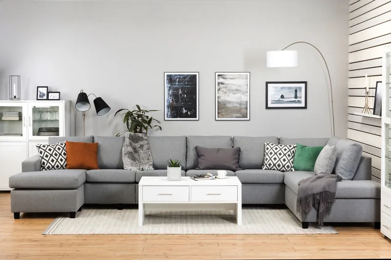 Crazy 6-sits Högervänd U-formad XX-Large Soffa med Divan och Schäslong i Tyg - Grå - Möbler - Soffa - U-soffa