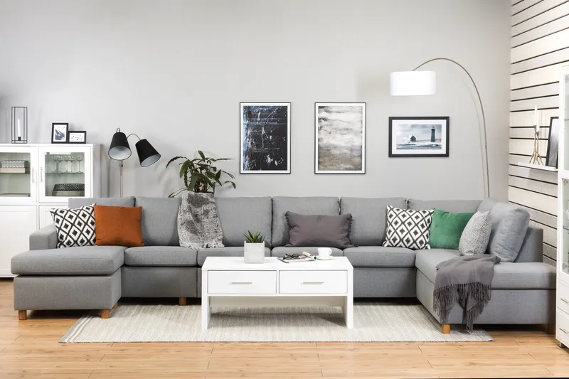 Crazy 6-sits Högervänd U-formad XX-Large Soffa med Divan och Schäslong i Tyg - Grå - Möbler - Soffa - U-soffa