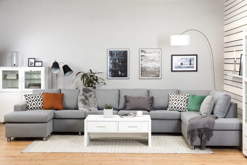 Crazy 6-sits Högervänd U-formad XX-Large Soffa med Divan och Schäslong i Tyg - Grå - Möbler - Soffa - U-soffa