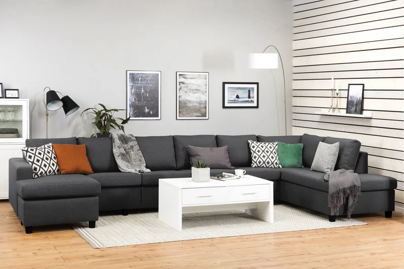 Crazy 6-sits Högervänd U-formad XX-Large Soffa med Divan och Schäslong i Tyg - Mörkgrå - Möbler - Soffa - U-soffa