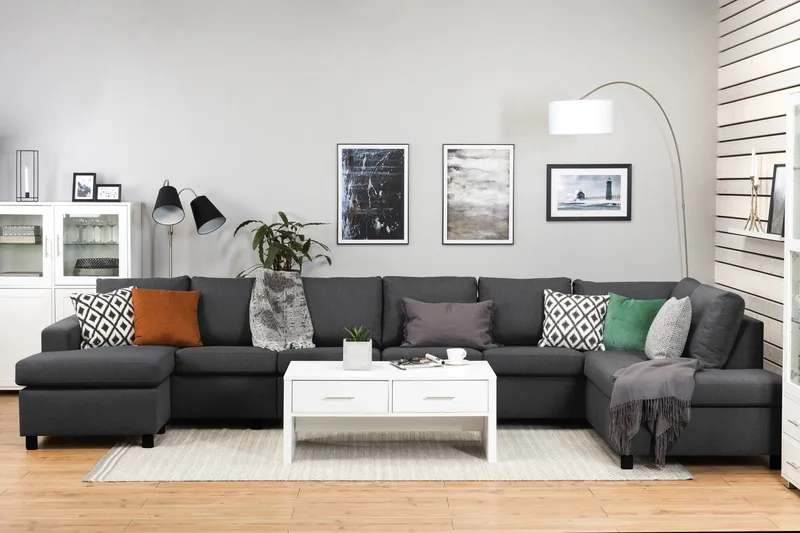 Crazy 6-sits Högervänd U-formad XX-Large Soffa med Divan och Schäslong i Tyg - Mörkgrå - Möbler - Soffa - U-soffa