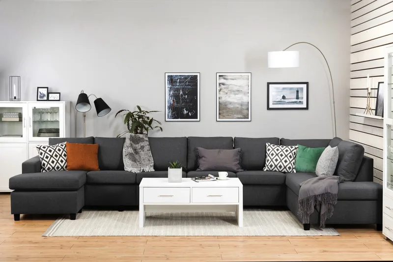 Crazy 6-sits Högervänd U-formad XX-Large Soffa med Divan och Schäslong i Tyg - Mörkgrå - Möbler - Soffa - U-soffa