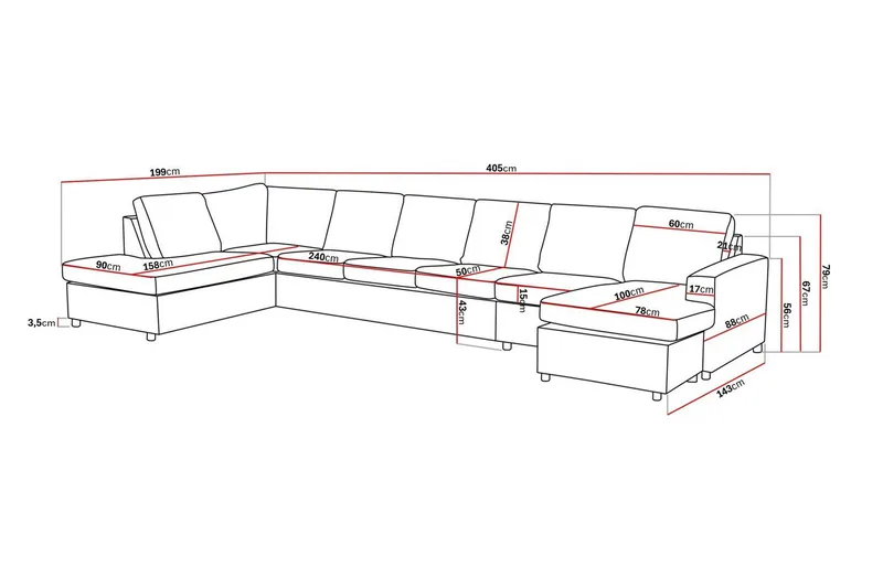 Crazy 6-sits Vänstervänd U-formad XX-Large Soffa med Divan och Schäslong i Tyg - Antracit - Möbler - Soffa - U-soffa