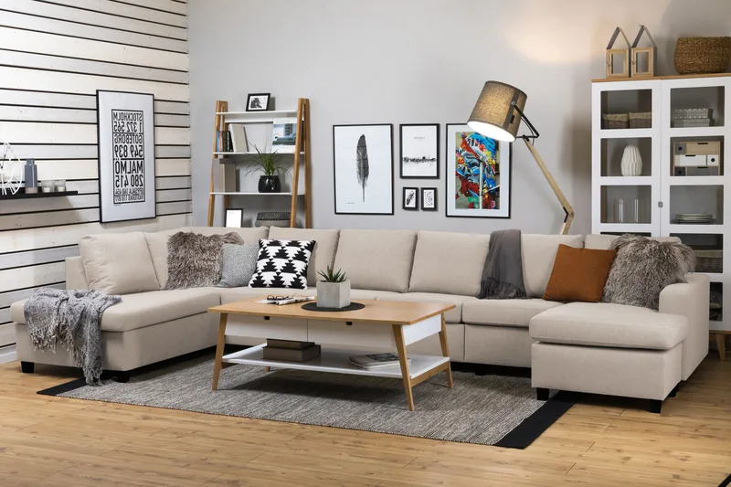 Crazy 6-sits Vänstervänd U-formad XX-Large Soffa med Divan och Schäslong i Tyg - Beige - Möbler - Soffa - U-soffa