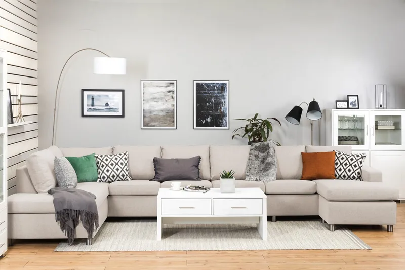 Crazy 6-sits Vänstervänd U-formad XX-Large Soffa med Divan och Schäslong i Tyg - Beige - Möbler - Soffa - U-soffa