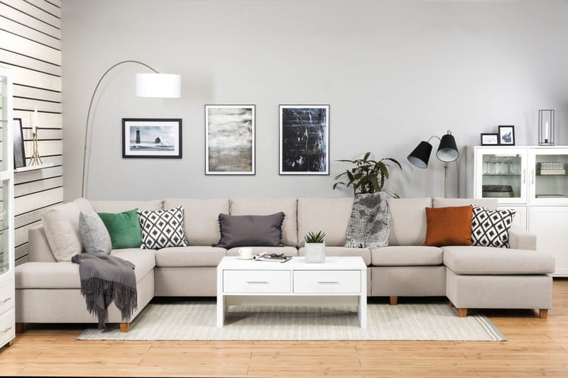Crazy 6-sits Vänstervänd U-formad XX-Large Soffa med Divan och Schäslong i Tyg - Beige - Möbler - Soffa - U-soffa