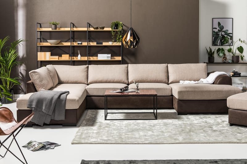 Cuba 5-sits Högervänd U-formad Soffa med Divan och Schäslong i Konstläder/Tyg - Brun / Beige - Möbler - Soffa - U-soffa
