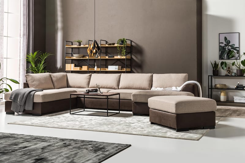 Cuba 5-sits Högervänd U-formad Soffa med Divan och Schäslong i Konstläder/Tyg - Brun / Beige - Möbler - Soffa - U-soffa