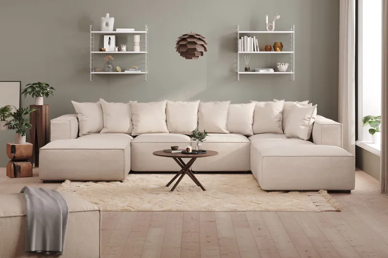 Cubo 5-sits U-formad Djup Modulsoffa Med Divan och Schäslong i Sammet - Beige - Möbler - Soffa - U-soffa