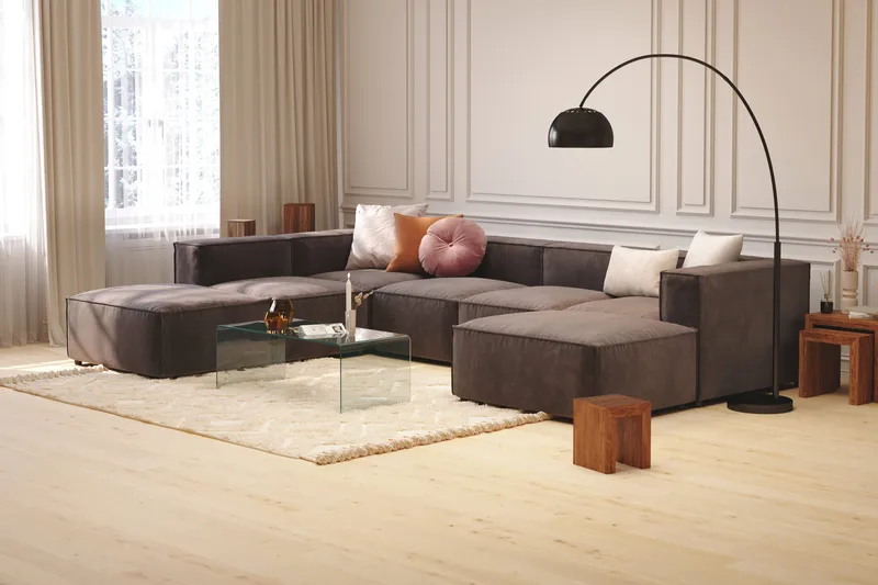 Cubo 5-sits U-formad Djup Modulsoffa Med Divan och Schäslong i Sammet - Mörkgrå - Möbler - Soffa - U-soffa