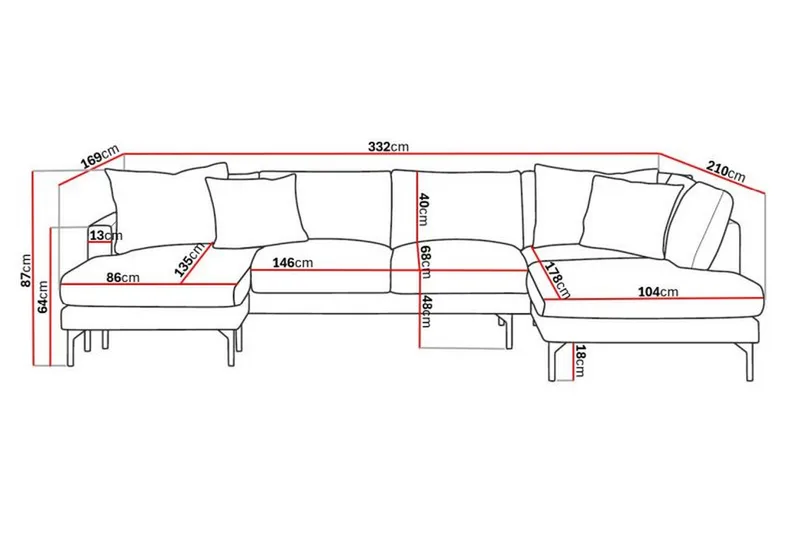 Menard 4-sits Högervänd U-formad Soffa med Divan och Schäslong i Tyg - Grå - Möbler - Soffa - U-soffa