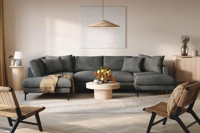 Menard 4-sits Vänstervänd U-formad Soffa med Divan och Schäslong i Manchester - Grå - Möbler - Soffa - U-soffa