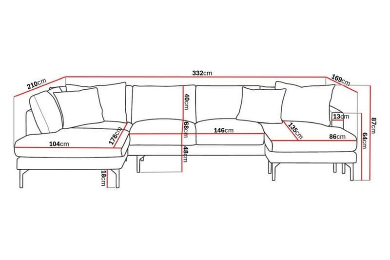 Menard 4-sits Vänstervänd U-formad Soffa med Divan och Schäslong i Tyg - Grå - Möbler - Soffa - U-soffa