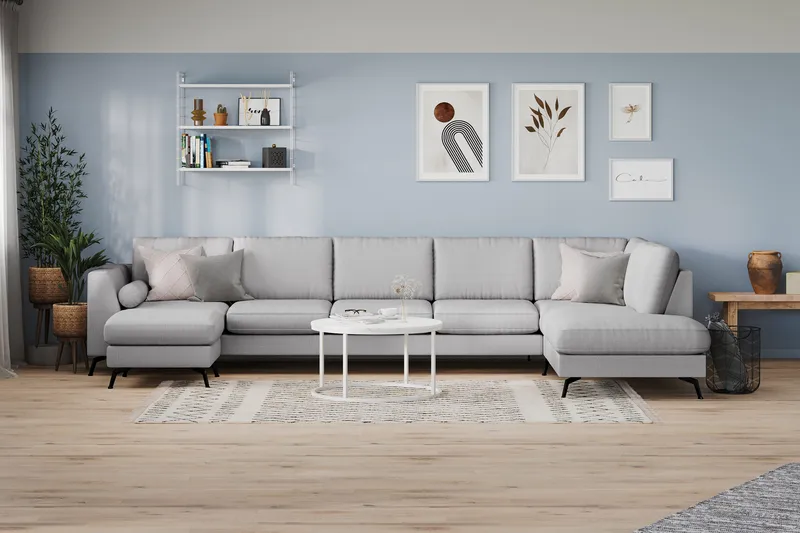 Ocean Lyx 6-sits Högervänd U-formad Soffa med Divan och Schäslong + Fotpall i Tyg - Grå - Möbler - Soffa - U-soffa