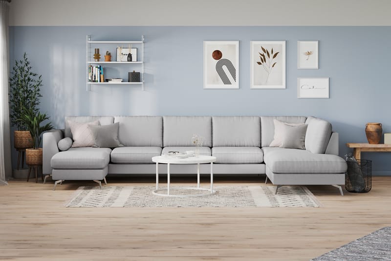 Ocean Lyx 6-sits Högervänd U-formad Soffa med Divan och Schäslong + Fotpall i Tyg - Grå - Möbler - Soffa - U-soffa