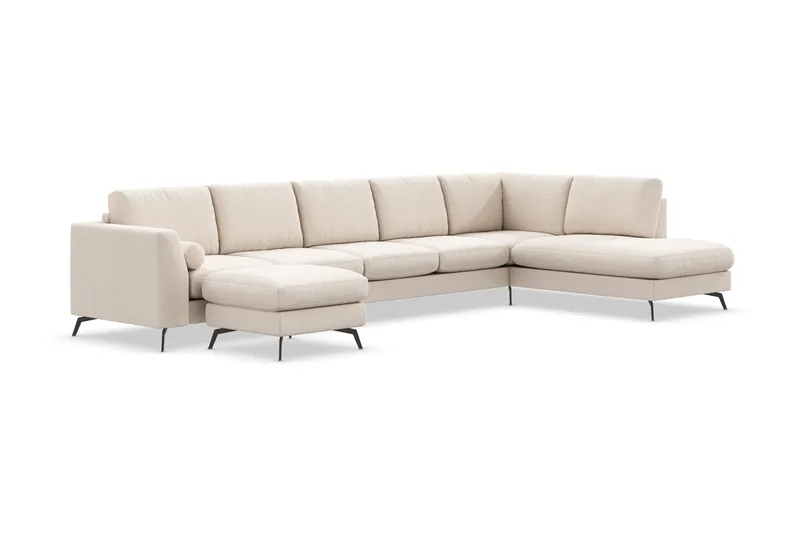 Ocean Lyx 6-sits Högervänd U-formad Soffa med Divan och Schäslong + Fotpall i Tyg - Beige - Möbler - Soffa - U-soffa