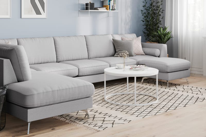 Ocean Lyx 6-sits Vänstervänd U-formad Soffa med Divan och Schäslong + Fotpall i Tyg - Grå - Möbler - Soffa - U-soffa