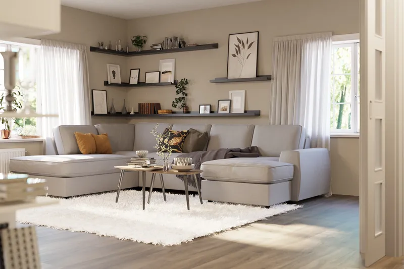 Optus Lyx 4-sits Vänstervänd U-formad Soffa med Divan och Schäslong i Tyg - Grå - Möbler - Soffa - U-soffa