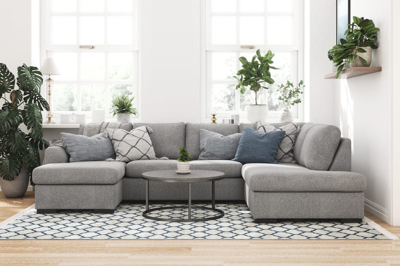 Porto 4-sits Högervänd U-formad Soffa med Divan och Schäslong i Tyg - Ljusgrå - Möbler - Soffa - U-soffa