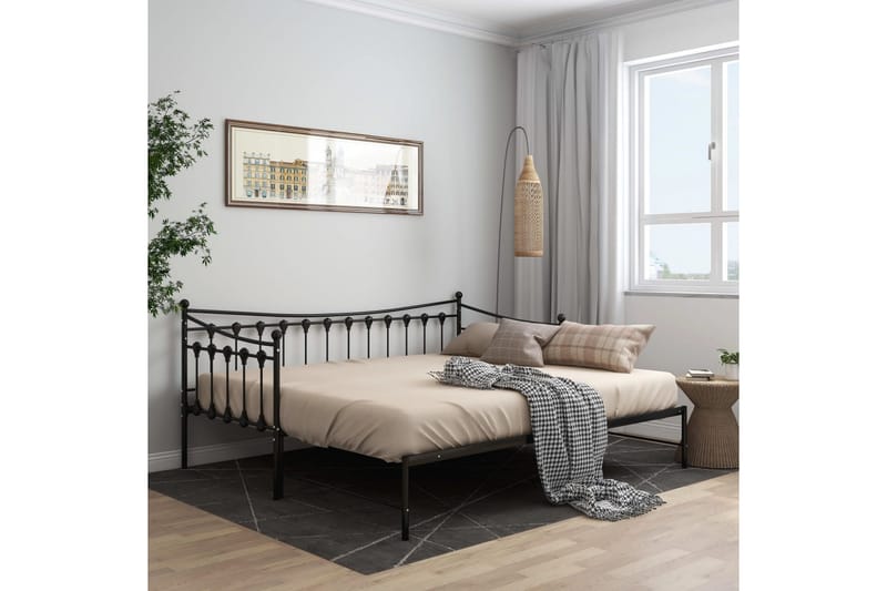 Utdragbar sängram bäddsoffa svart metall 90x200 cm - Svart - Möbler - Soffa - Bäddsoffa