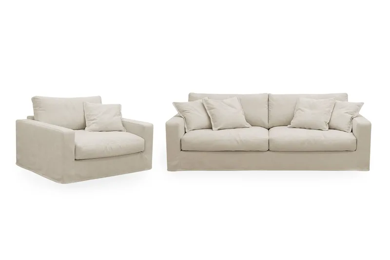Valencia Extra Djup 3-sits soffa + fåtölj med avtagbar och tvättbar klädsel - Beige - Möbler - Soffa - Soffgrupp