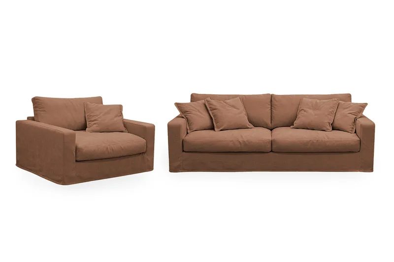 Valencia Extra Djup 3-sits soffa + fåtölj med avtagbar och tvättbar klädsel - Rödbrun - Möbler - Soffa - Soffgrupp