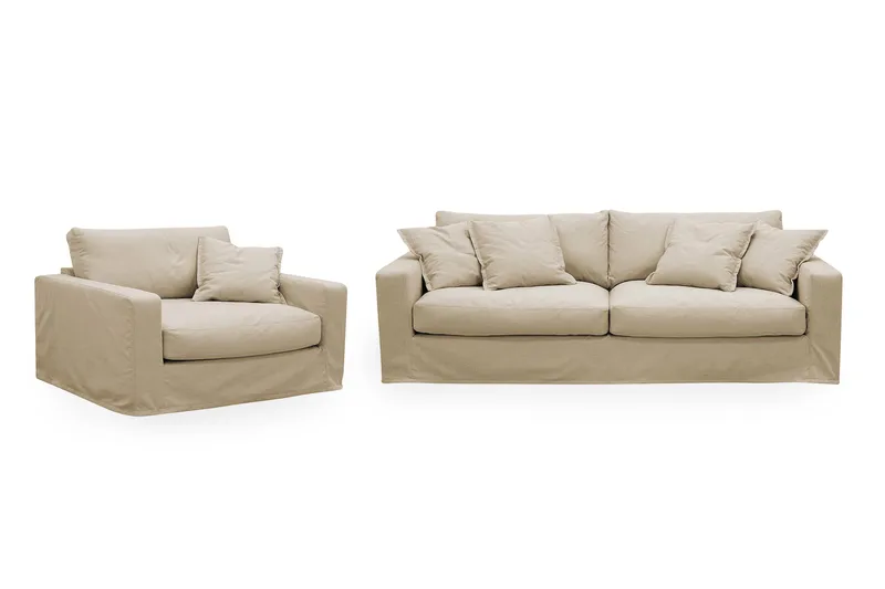 Valencia Extra Djup 3-sits soffa + fåtölj med avtagbar och tvättbar klädsel - Beige - Möbler - Soffa - Soffgrupp