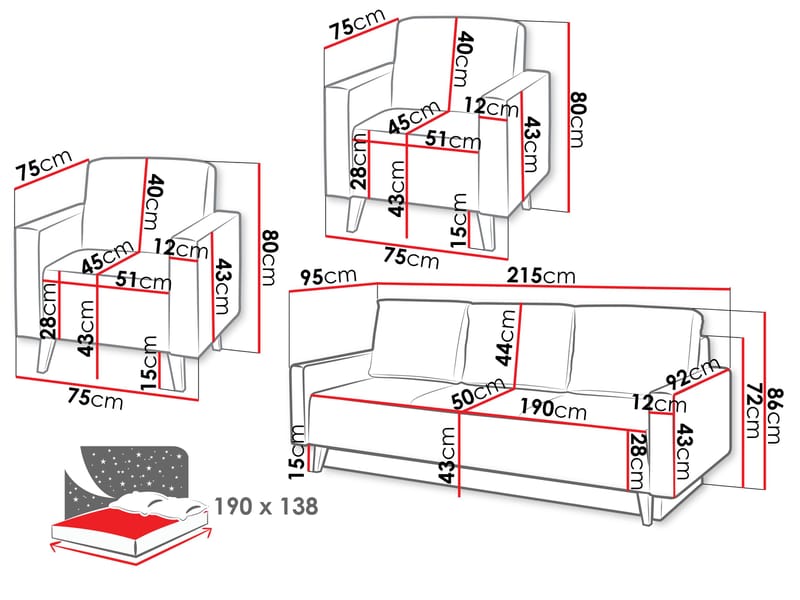 Waldsten Soffgrupp - 3-sits Bäddsoffa + 2 Fåtöljer - grå - Möbler - Soffa - Soffgrupp