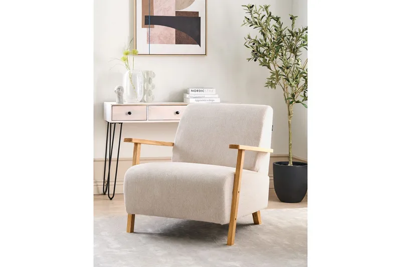 Fåtölj Lesja - Ljusbeige, ljust trä/Polyester - Möbler - Stolar & fåtöljer - Fåtölj