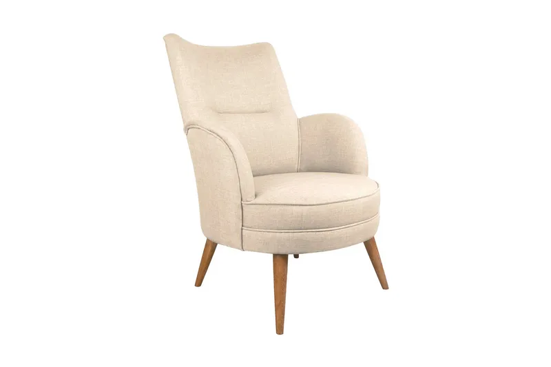 Brandn Oval Fåtölj med Armstöd och Träben i Tyg, Beige