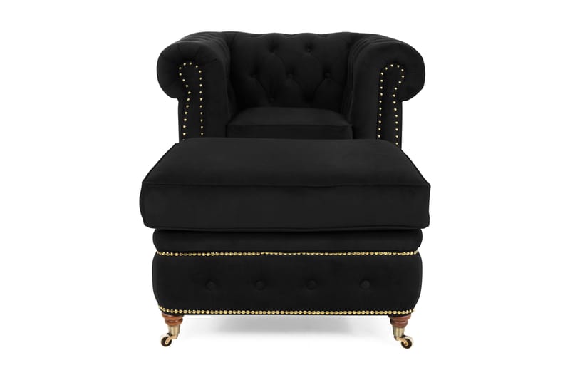 Chesterfield Delux Fåtölj+Fotpall - Sammet Svart - Möbler - Stolar & fåtöljer - Fåtölj - Chesterfield fåtölj