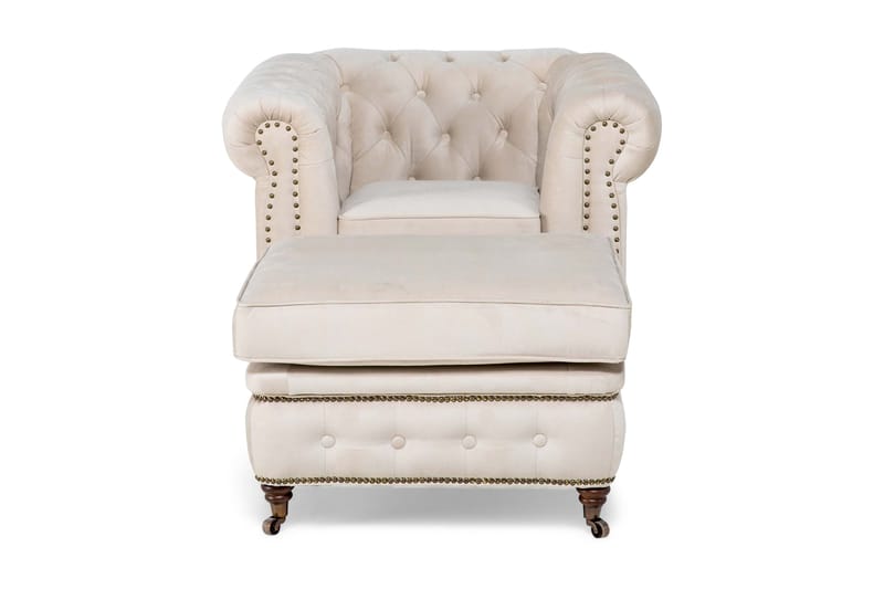 Chesterfield Deluxe Fåtölj+Fotpall - Sammet Beige - Möbler - Stolar & fåtöljer - Fåtölj - Chesterfield fåtölj