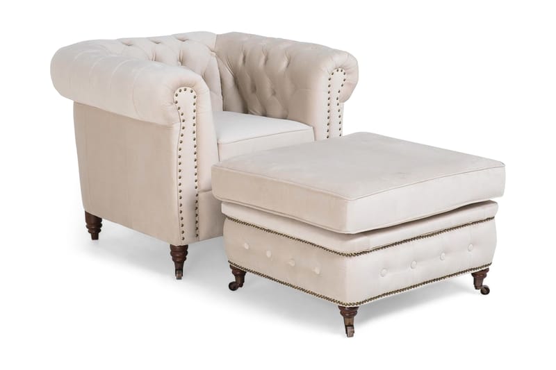 Chesterfield Deluxe Fåtölj+Fotpall - Sammet Beige - Chesterfield fåtölj