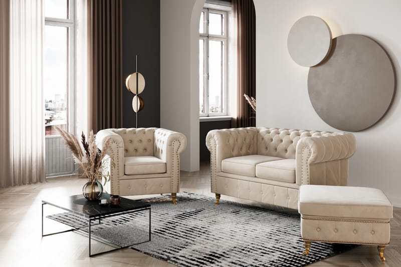 Chesterfield Deluxe Sammetsfåtölj - Beige - Möbler - Stolar & fåtöljer - Fåtölj - Chesterfield fåtölj