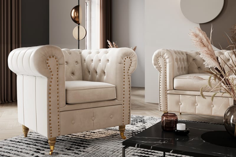 Chesterfield Deluxe Sammetsfåtölj - Beige - Möbler - Stolar & fåtöljer - Fåtölj - Chesterfield fåtölj