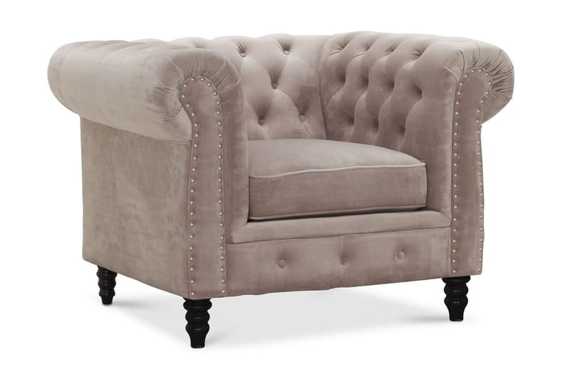 Chesterfield Deluxe Sammetsfåtölj - Beige/Grå - Chesterfield fåtölj