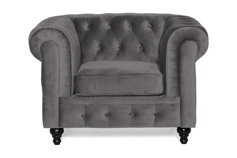 Chesterfield Lyx Stor skön djup sammetsfåtölj - Fåtölj till vardagsrum - Mörkgrå Sammet - Möbler - Stolar & fåtöljer - Fåtölj - Chesterfield fåtölj