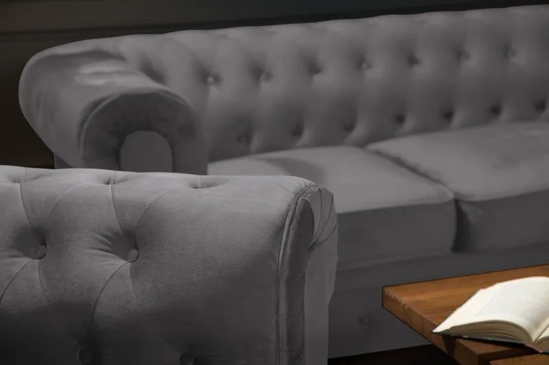 Chesterfield Lyx Stor skön djup sammetsfåtölj - Fåtölj till vardagsrum - Mörkgrå Sammet - Möbler - Stolar & fåtöljer - Fåtölj - Chesterfield fåtölj