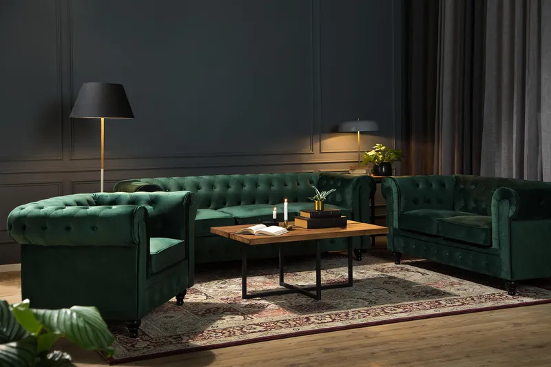 Chesterfield Lyx Stor skön djup sammetsfåtölj - Fåtölj till vardagsrum - Mörkgrön Sammet - Möbler - Stolar & fåtöljer - Fåtölj - Chesterfield fåtölj
