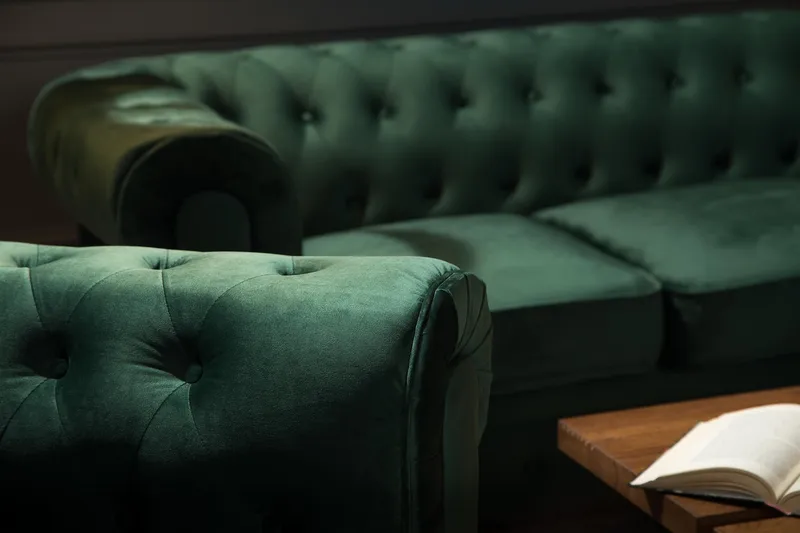 Chesterfield Lyx Stor skön djup sammetsfåtölj - Fåtölj till vardagsrum - Mörkgrön Sammet - Möbler - Stolar & fåtöljer - Fåtölj - Chesterfield fåtölj