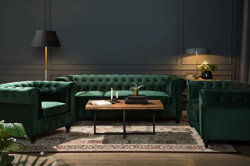 Chesterfield Lyx Stor skön djup sammetsfåtölj - Fåtölj till vardagsrum - Mörkgrön Sammet - Möbler - Stolar & fåtöljer - Fåtölj - Chesterfield fåtölj